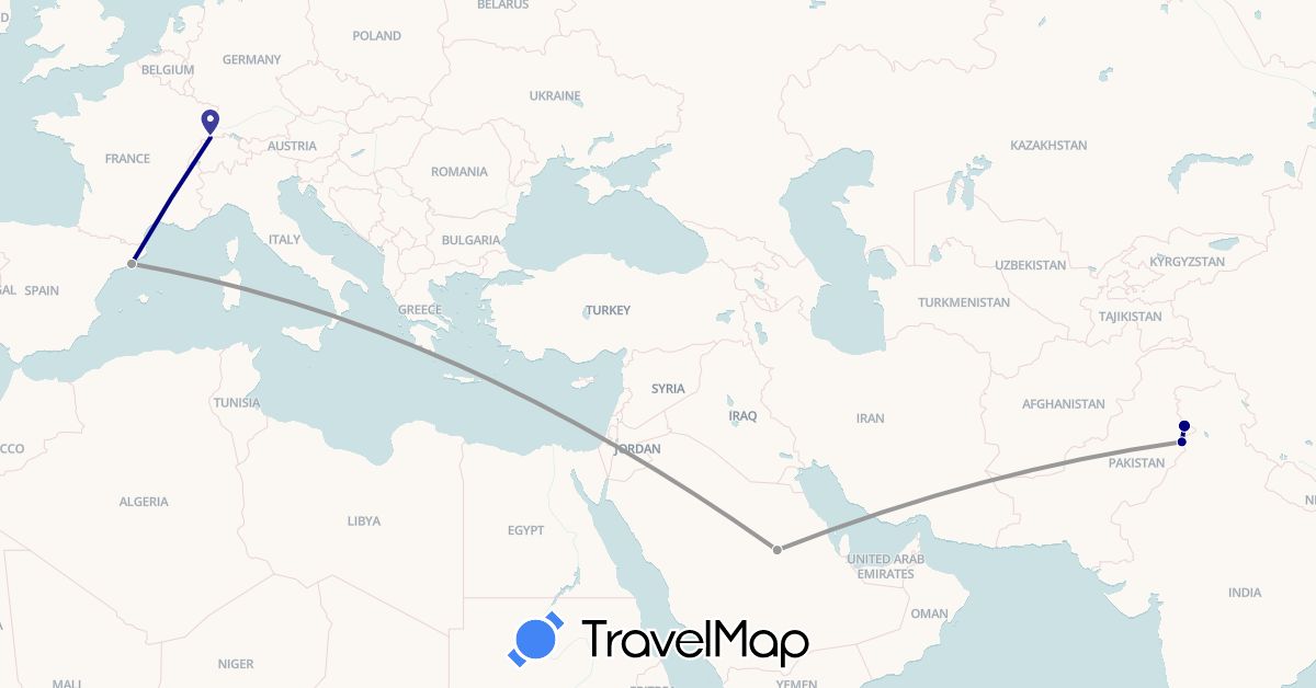 TravelMap itinerary: driving, plane in Switzerland, Spain, Pakistan, Saudi Arabia (Asia, Europe)